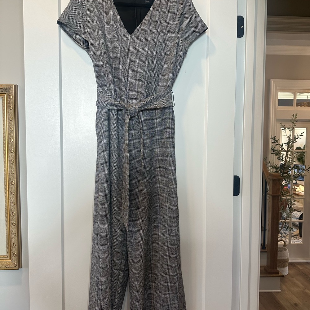 Ann Taylor Factory, Black and White (gray) small plaid, Tie-Waist Jumpsuit